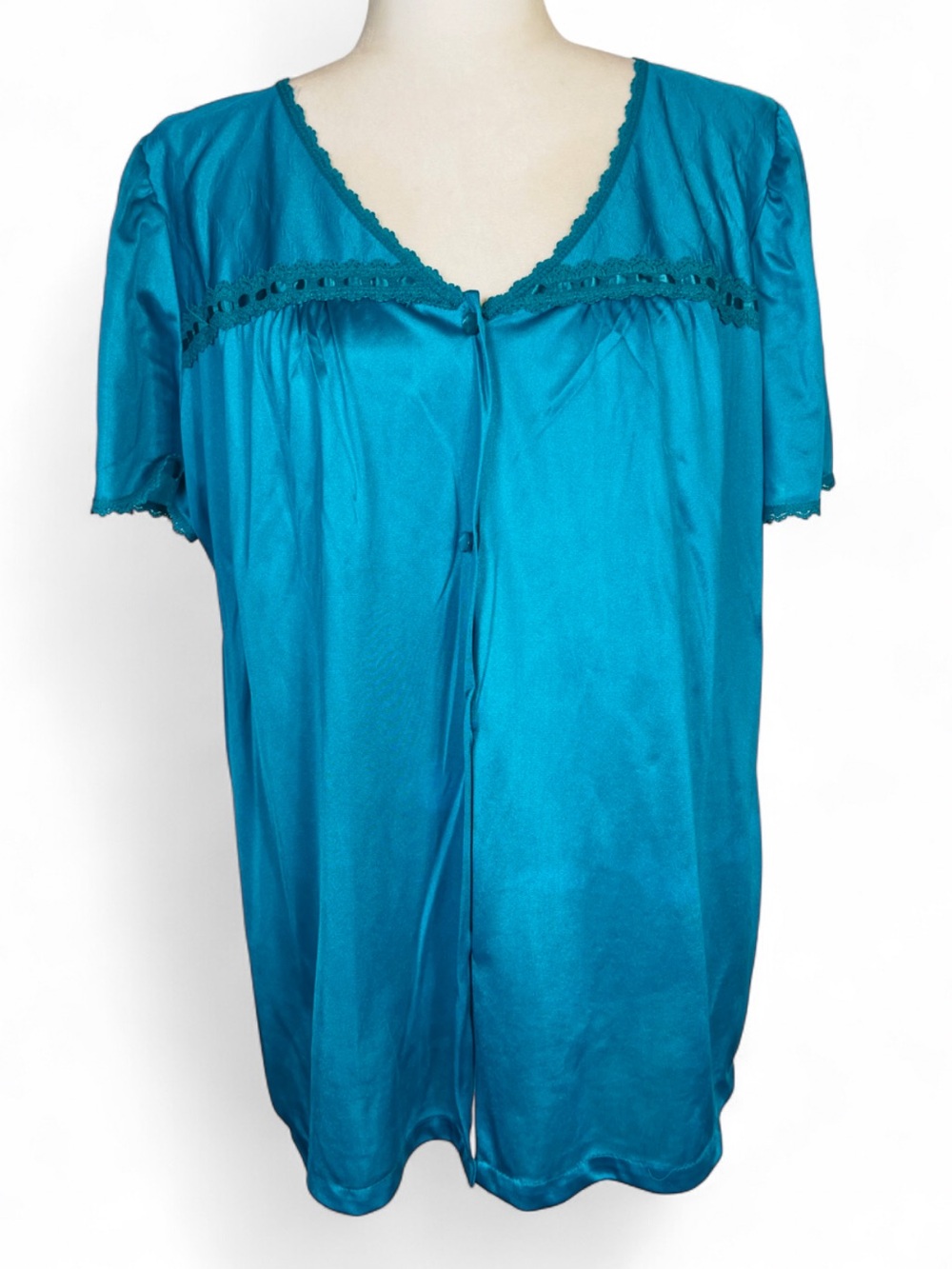 Vintage 80s 90s Adonna Size Large L Button Down Lace Sleep Wear Top Shirt Green